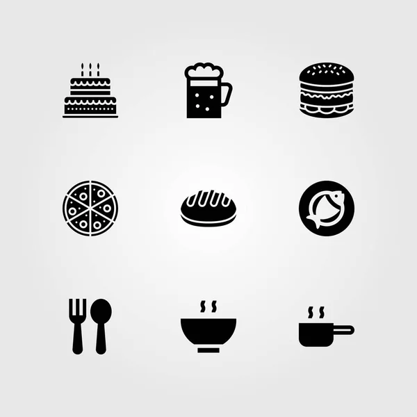 Ensemble d'icône vectorielle restaurant. soupe, pain, bière et couverts — Image vectorielle