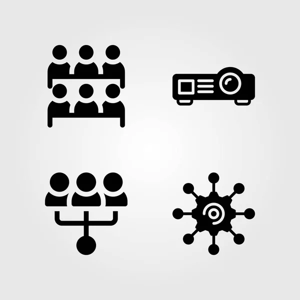 Set di icone vettoriali di discussione. impostazioni, lavoro di squadra, proiettore e meeting — Vettoriale Stock