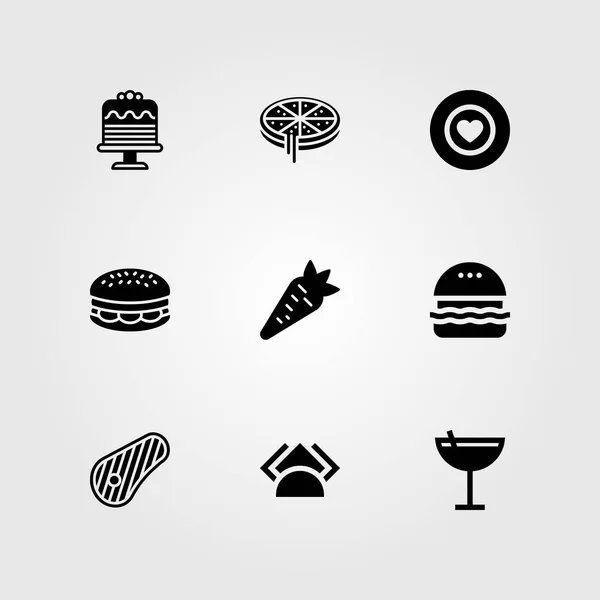 Restaurante conjunto vetor ícone. coquetel, carne, pizza e favorito —  Vetores de Stock