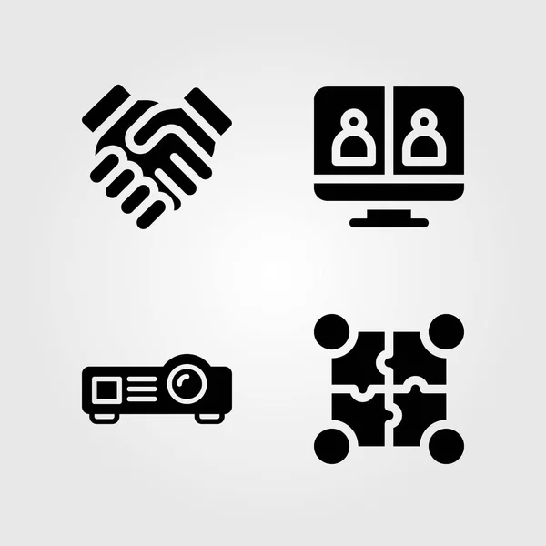 Set di icone vettoriali di discussione. proiettore, partnership, puzzle e videoconferenza — Vettoriale Stock