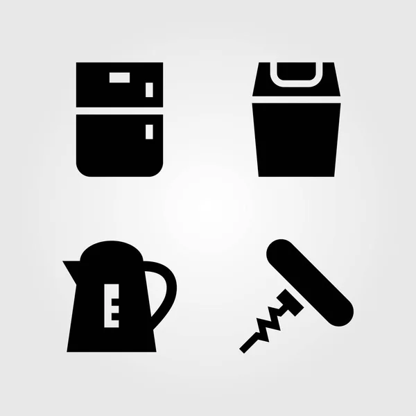 Kitchen vector icon set. fridge, corkscrew, trash and kettle — Stock Vector