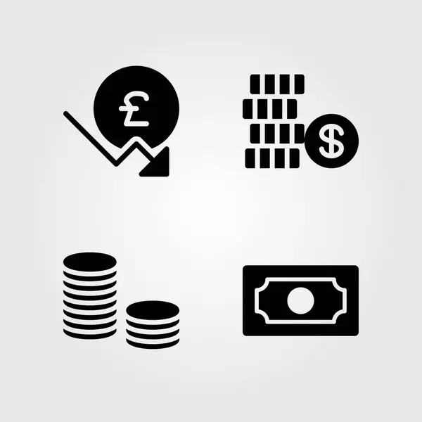 Bank pictogrammen instellen. Vector illustratie geld, munten, dollar en pond sterling — Stockvector