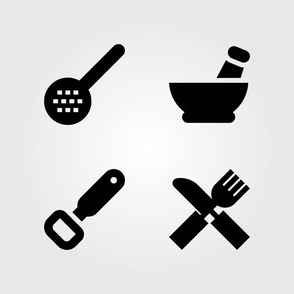 Küche Vektor Icon Set. Besteck, Abschäumer, Flaschenöffner und Mörser — Stockvektor