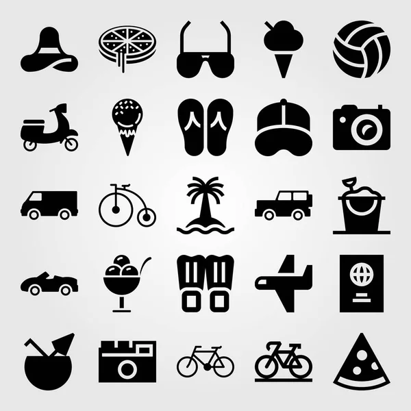 Yaz aylarında vektör Icon set. Dondurma, flip flop, pasaport ve spor araba
