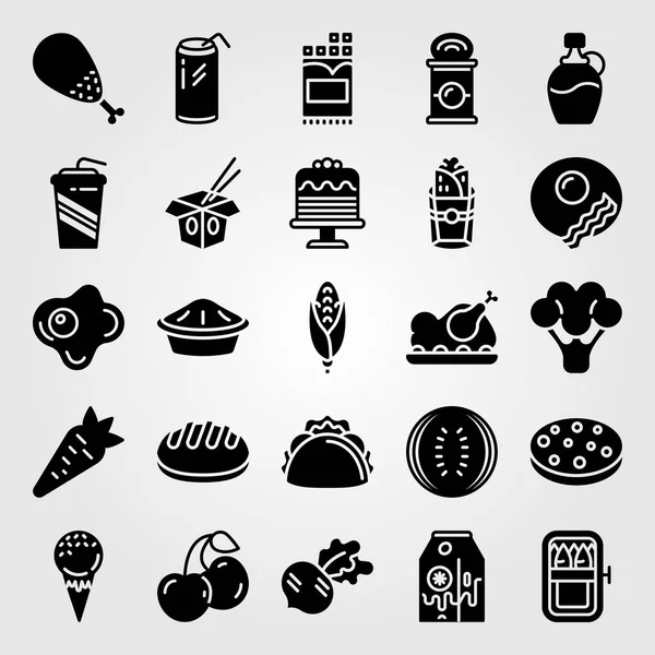 Vetor de conjunto de ícones de comida e bebidas. lata, pão, burito e chocolate —  Vetores de Stock