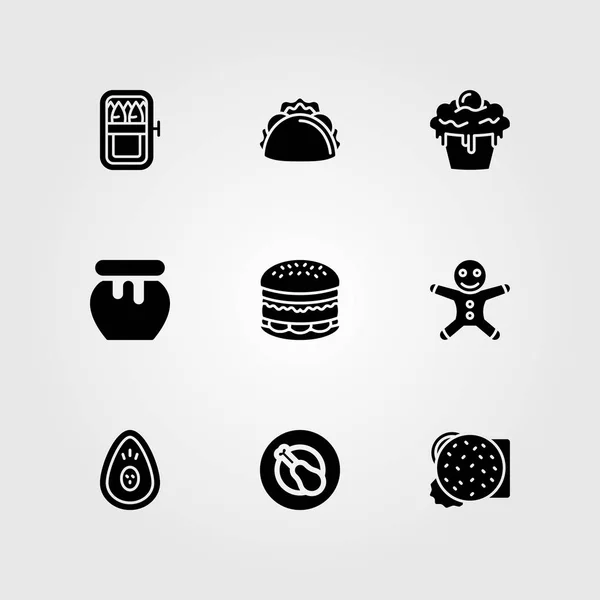 Voedsel en dranken vector icon set. honing, cupcake, sardines en taco — Stockvector