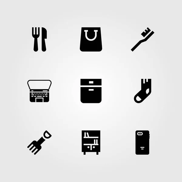 Shopping vector icon set. bookshelf, shopping bag, tooth brush and sock — Stock Vector