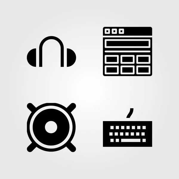 Conjunto de iconos multimedia. Teclado de ilustración vectorial, navegador, altavoz y auriculares — Vector de stock