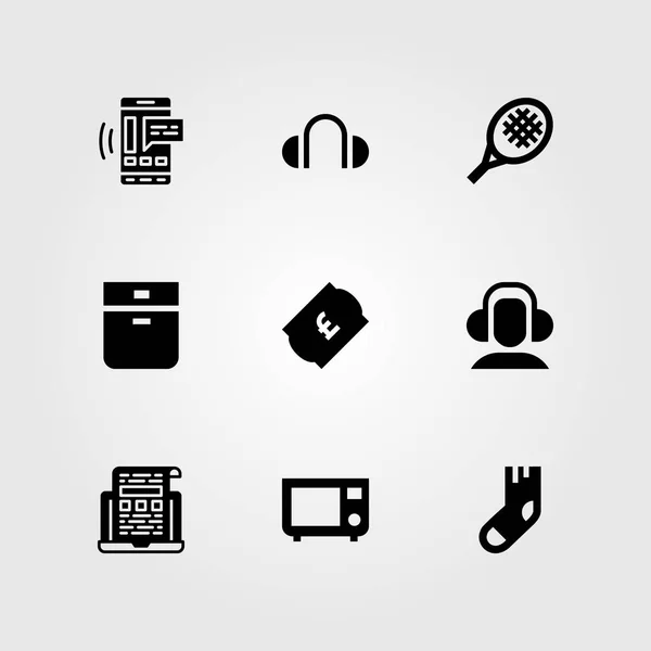 Conjunto de iconos de vector de compras. horno, raqueta de tenis, auriculares y horno microondas — Archivo Imágenes Vectoriales