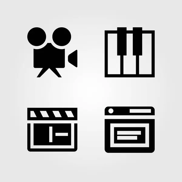 Multimédia ikonok beállítása. Vektoros illusztráció böngésző, clapperboard, billentyűzet, és videó kamera — Stock Vector