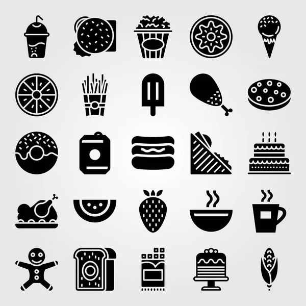 Alimentos y bebidas vector icono conjunto. pastel de cumpleaños, pastel de carne, papas fritas y refrescos — Vector de stock