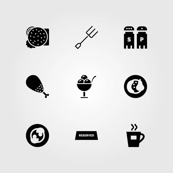 Restaurante vector icono conjunto. tenedor, helado, taza de café y sal y pimienta — Vector de stock