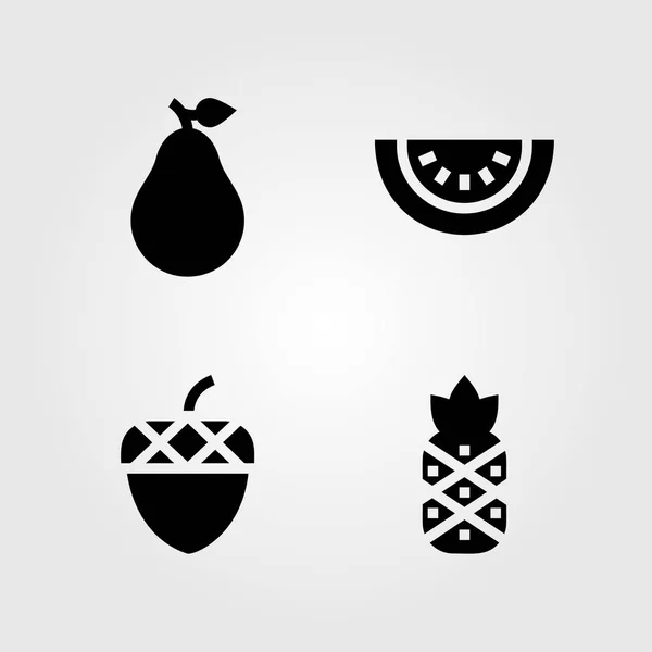 Obst Gemüse Vektorsymbolset. Eichel, Wassermelone, Birne und Ananas — Stockvektor
