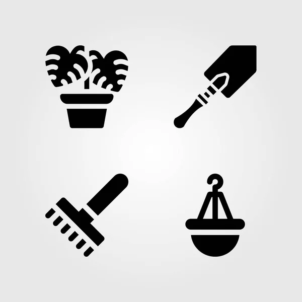 Krukväxter vector Ikonuppsättning. potten, kratta, spade och monstera — Stock vektor