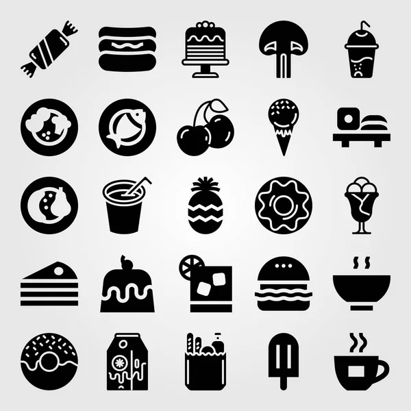 Yiyecek ve içecekler Icon set vektör. muzlu süt, sushi, ananas ve bakkaliye