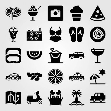 Yaz aylarında vektör Icon set. kum kova, polis arabası, harita ve portakal