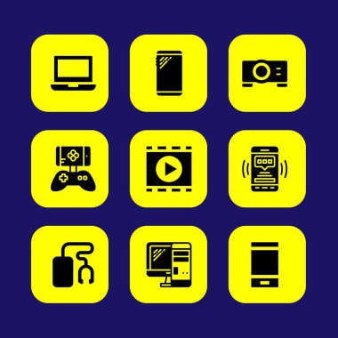 Teknoloji vektör Icon set. oyun kumandası, monitör, dizüstü bilgisayar ve film oyuncu