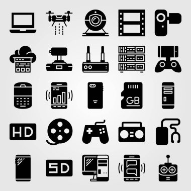 Teknoloji vektör Icon set. Web kamerası, oyun çubuğu, yönlendirici ve kamera