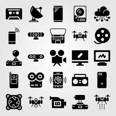 Teknoloji vektör Icon set. film rulo, monitör, video kamera ve hhd
