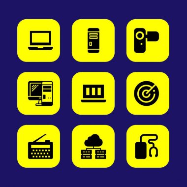 Teknoloji vektör Icon set. radyo, müzik çalar, dizüstü bilgisayar ve bilgisayar