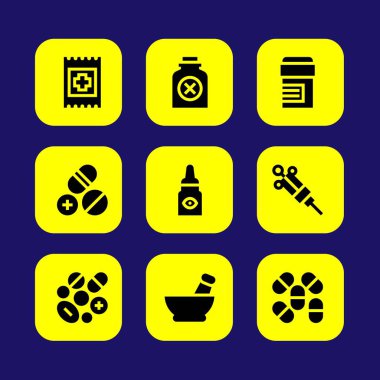 Tıp vektör Icon set. Göz damlaları, şırınga, harç ve grup
