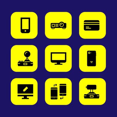 Teknoloji vektör Icon set. joystick, kredi kartı, akıllı telefon ve monitör