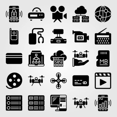 Teknoloji simge vektör ayarlayın. müzik çalar, monitör, video kamera ve telefon