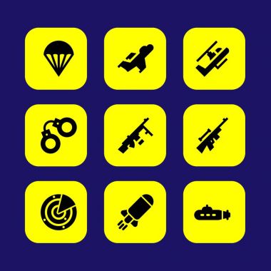 Silah vektör Icon set. kelepçe, paraşüt, savaşçı ve makineli tüfek