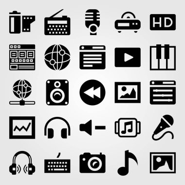 Multimedya vektör Icon set. ses, kulaklık, resim ve video oyuncu