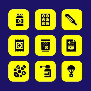 Tıp vektör Icon set. termometre, bant, tıbbi sonuç ve tabletler