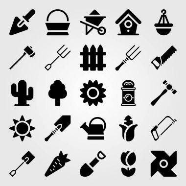 Bahçe simge vektör ayarlayın. el testeresi, kaktüs, sulama can ve can