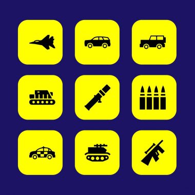 Askeri vektör Icon set. Jet, tank, araba ve madde işaretleri