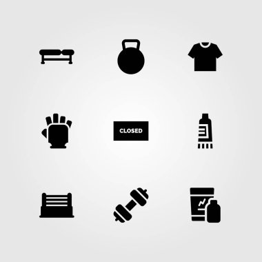 Fitness vektör Icon set. gömlek, halter, spor salonu eldiven ve kapalı