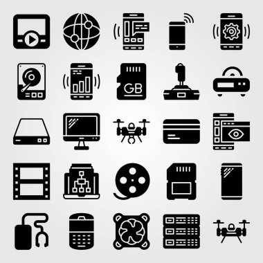 Teknoloji simge vektör ayarlayın. müzik çalar, monitör, radyo ve bellek