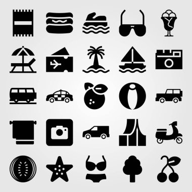 Yaz aylarında vektör Icon set. Sosisli sandviç, plaj havlusu, çadır ve kiraz