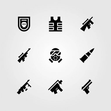 Silah vektör Icon set. kurşun, makineli tüfek, kurşun geçirmez yelek ve bagde