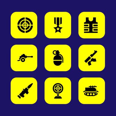 Silah vektör Icon set. Amaç, roka, kurşun geçirmez yelek ve el bombası