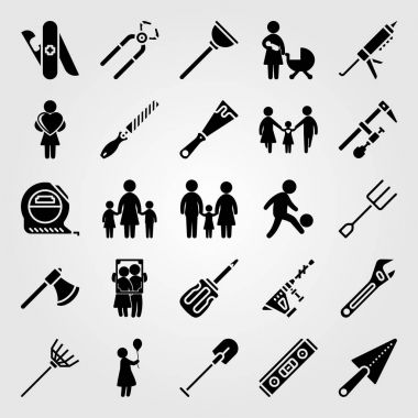 Araçlar simgesi vektör ayarlayın. adam, mala, dolgu macunu silah ve çatal