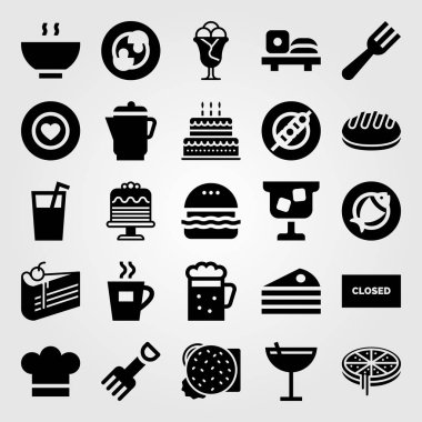 Restoran vektör Icon set. doğum günü pastası, çay, Balık ve pizza