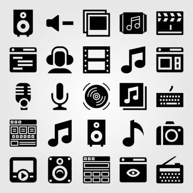 Multimedya vektör Icon set. nota, mic, fotoğraf makinesi ve tarayıcı