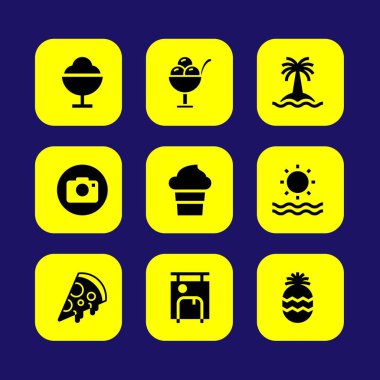 Yaz aylarında vektör Icon set. fotoğraf makinesi, bavul, ananas ve dondurma