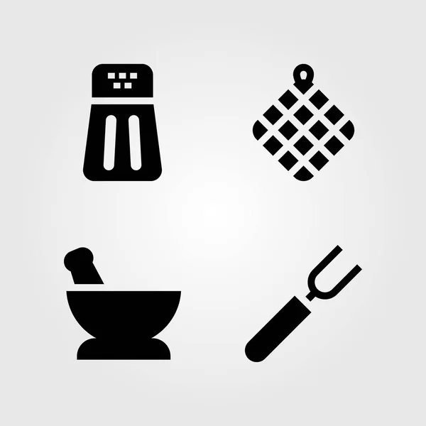 Cocina vector icono conjunto. toalla, pimienta, tenedor y mortero — Vector de stock