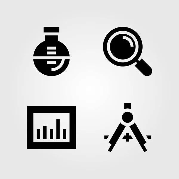 Education icons set. Vector illustration flask, loupe, compass and analytics — Stock Vector