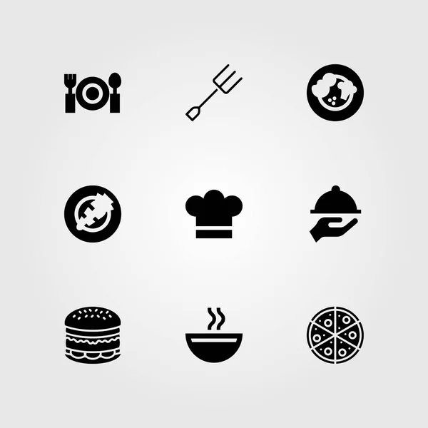 Restaurante conjunto vetor ícone. pizza, cheef, talheres e sopa — Vetor de Stock