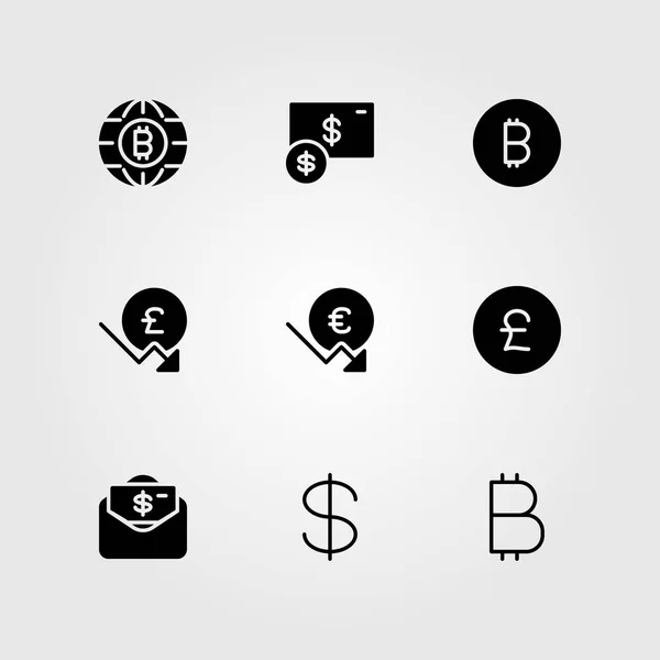 Jel vector icon set. euró, font sterling, érme és a pénz — Stock Vector