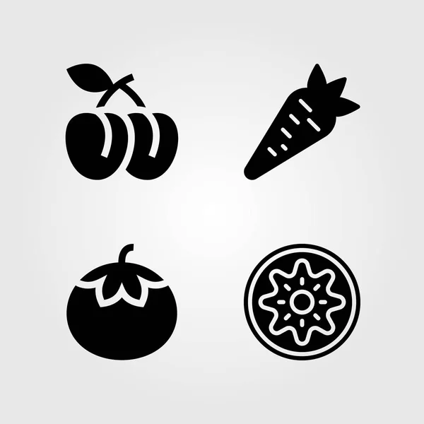 Frutas Verduras vector icono conjunto. kiwi, zanahoria, tomate y ciruela — Vector de stock