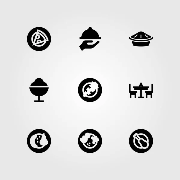 Restaurant-Vektorsymbol gesetzt. Hähnchenkeule, Tisch, Kuchen und Gemüse — Stockvektor