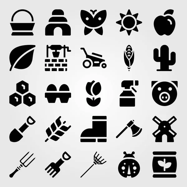 Garten Icon Set Vektor. Windmühle, Axt, Sprayer und Sonne — Stockvektor