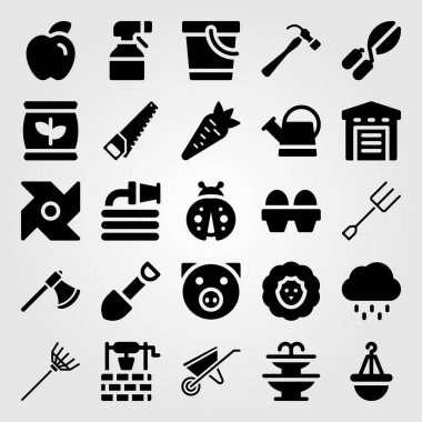 Bahçe simge vektör ayarlayın. Ambar, kırpma makasları, fırıldak ve el arabası