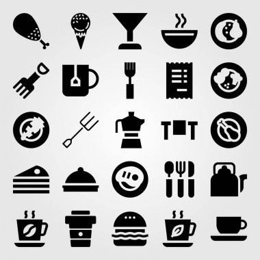 Restoran vektör Icon set. çatal bıçak takımı, dondurma, kahve fincanı ve su ısıtıcısı